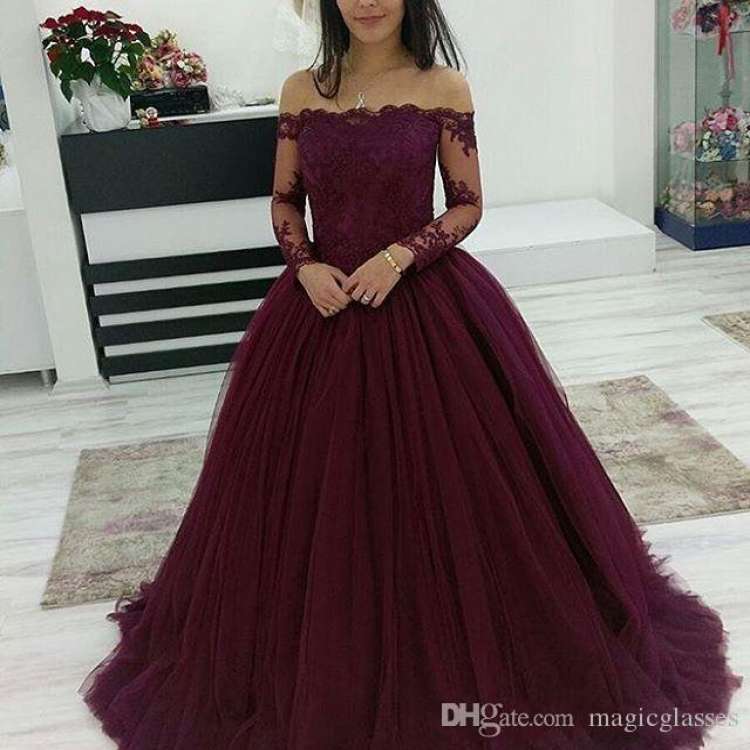 Long Sleeve Floor Length Black Dress Elegant 2018 Burgundy Ball Gown Lace evening Dresses Long Sleeves Sexy