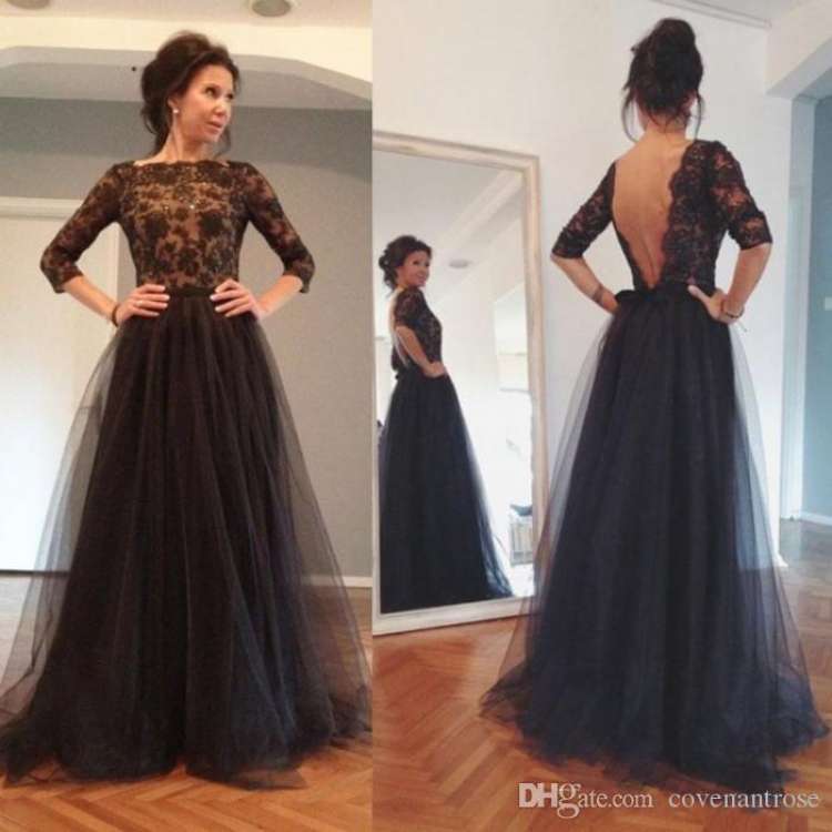 Long Sleeve Floor Length Black Dress Lovely Charming Black A Line evening Dresses 2018 Half Sleeves Appliques