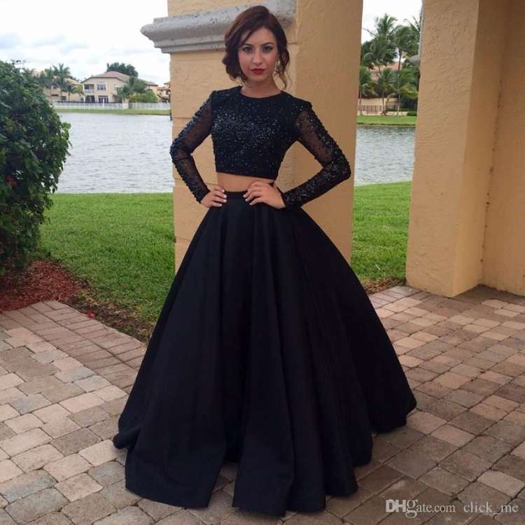 Long Sleeve Floor Length Black Dress New Two Pieces Dresses evening Wear Jewel Sequins A Line Long Sleeves